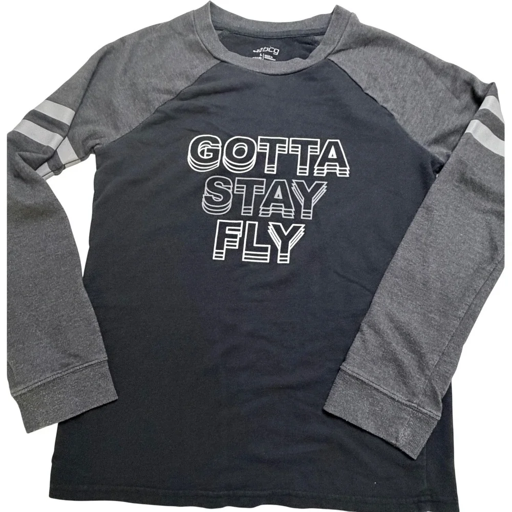 BCG Boys Gotta Stay Fly Graphic Raglan Long Sleeve Shirt Black Gray Size L 12-14